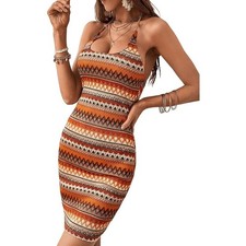 NWT Shein Vcay Embroidered Knit Orange Striped Halter Mini Dress Womens Size 1XL