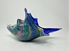 Vintage Murano Style Shell Hand Blown Art Glass Blue & Green Vase 10"