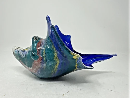 Vintage Murano Style Shell Hand Blown Art Glass Blue & Green Vase 10"