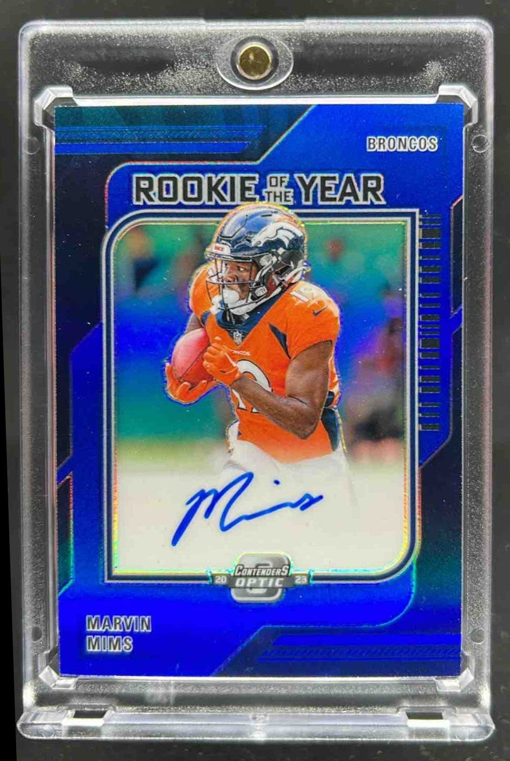 2023 Contenders Optic Marvin Mims Rookie of the Year Blue Auto RC #11/75 Broncos