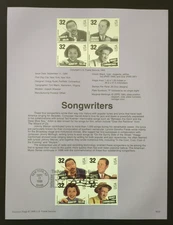32c Songwriters 1996 SOUVENIR PAGE SCOTT # 3100-3103 SP1217