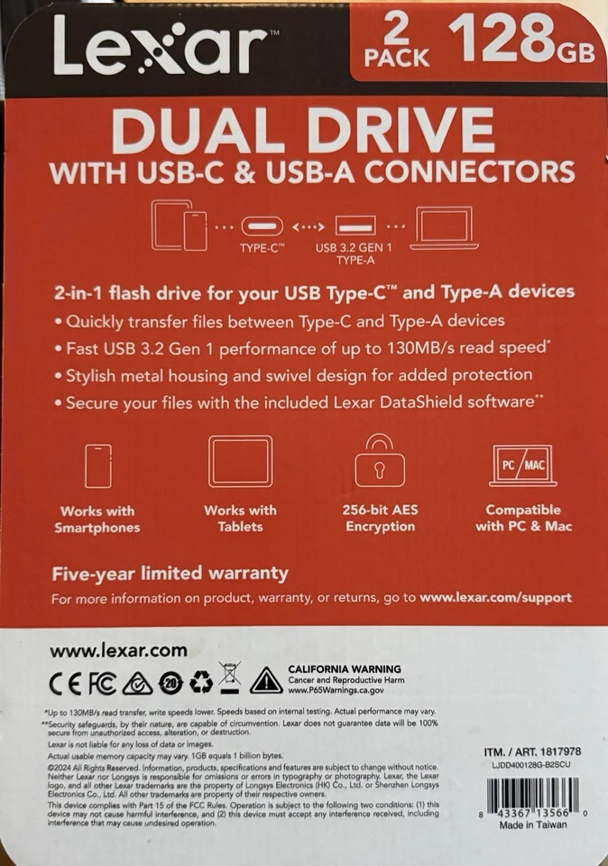 LEXAR 2 PACK 128GB DUAL DRIVE WITH USB-C & USB-A CONNECTORS- NEW! - Image 2 of 4