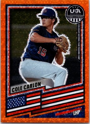 2026 Panini Stars & Stripes Prizm USA Baseball #47 Cole Carlon Disco Orange #/75