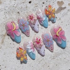 24pcs Summer Press on Nails Medium Almond Fake Nails with 3D Flower style03