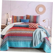 Bohemian Quilt Set King Size, Boho Striped Printed King 104"x90" Beige