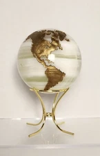 Solid White Marble Gem Stone Globe Gold Etched Continents With Brass Stand 17"