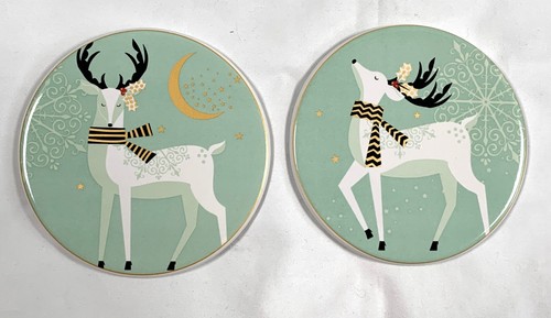Set of 4 Pier 1 One Imports White Reindeer Ceramic Coasters Snowflake Mint Green - Picture 2 of 4