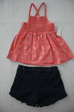 NEW Girls 2 p Outfit Size 2T Peach Smocked Sleeveless Top Denim Shorts Set Heart