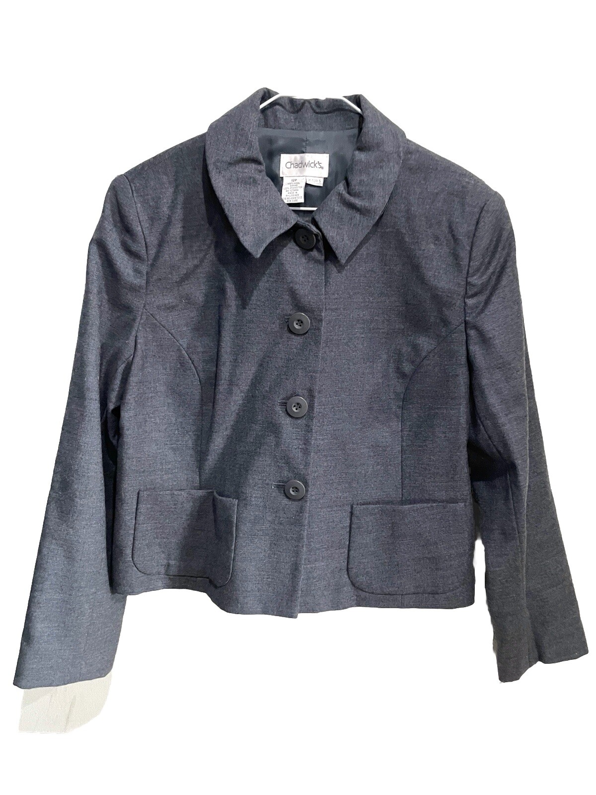 Womens Chadwick's Gray Wool Jacket Blazer Coat Size 12P Button Pockets