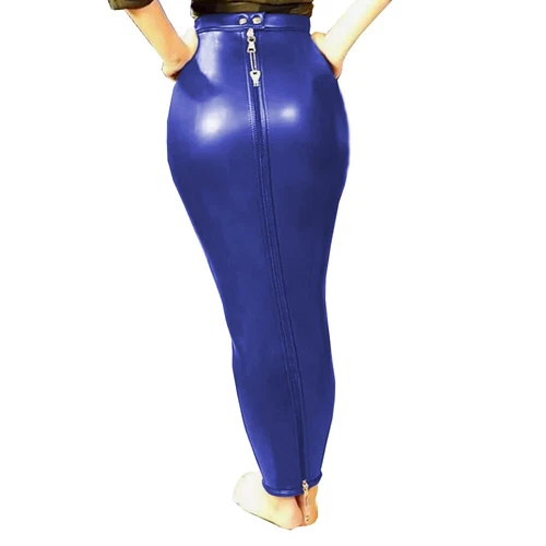 Sexy Women PU Leather High Waist Full Zip Lockable Sissy Hobble Pencil Skirts - Picture 5 of 32