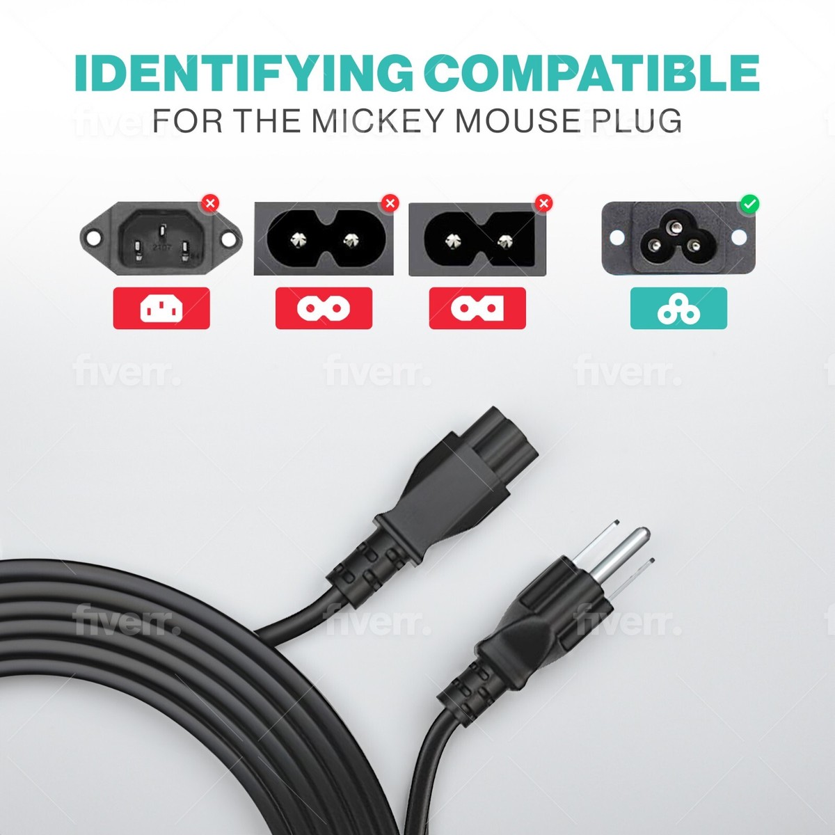 50 Pack 5Ft 3 Prong Plug Mickey Mouse Power Cable US Plug 10a 125v