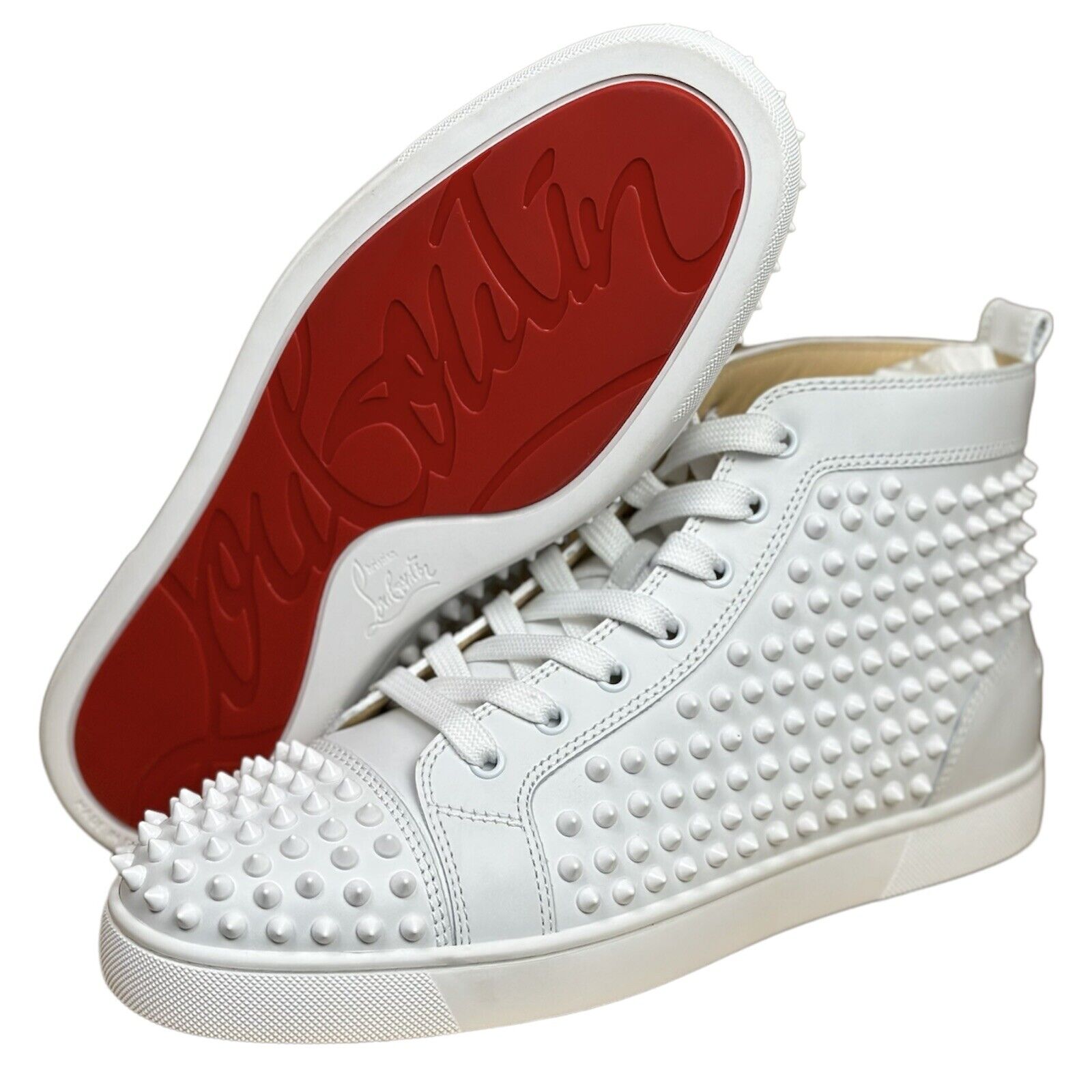 shoes, sneakers, red bottoms, spikes, fashion, red, white, gold