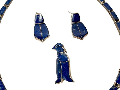 Sterling Silver & Inlay Blue Lapis Lazuli Set Jewelry Necklace Earrings Brooch - Picture 2 of 4