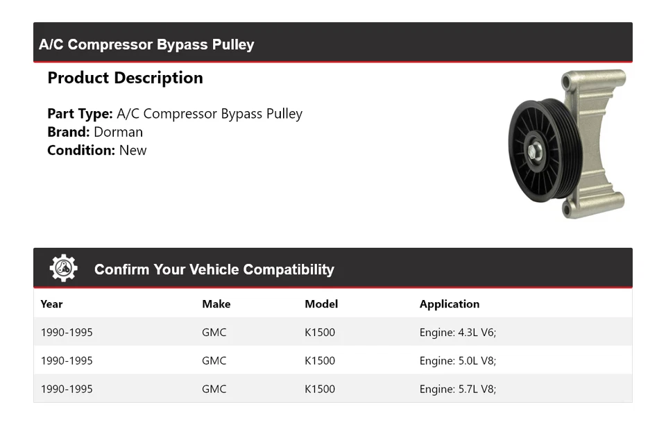 Polea de derivación compresor aire acondicionado Dorman GMC K1500 1990-1995 1991 1992 1993 1994 Foto 2 de 4