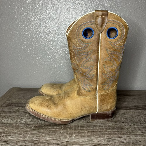 Justin Brown Beige Leather Square Toe Western Boots Boy's Youth Size 1.5D Cowboy - Picture 3 of 11