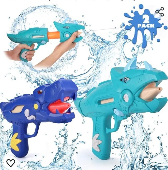 2 Pack Dinosaur Water Blaster Guns for Kids & Adults - Dino Squirt Soaker Gun 