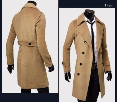 Mens Double Breasted Woolen Jacket Trench Coat Overcoat Slim fit