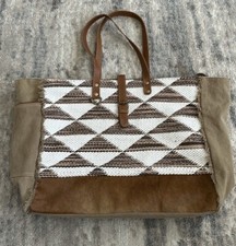Myra Bag Weekender Tote Bag Cow Hide Upcycled Canvas