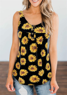 Women's Top Summer Sleeveless Button Top Sunflower Print Casual Loose T-shirt