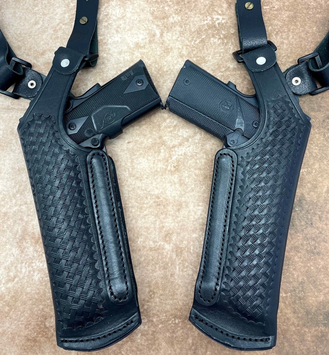 Black Leather Basketweave Vertical 2-Gun Double Shoulder Holster