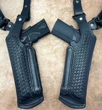 Black Leather Basketweave Vertical 2-Gun Double Shoulder Holster for ANY 5" 1911