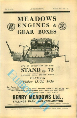 Meadow Engines  Advert Autocar Olympia Motor Show Guide 1936 Original   