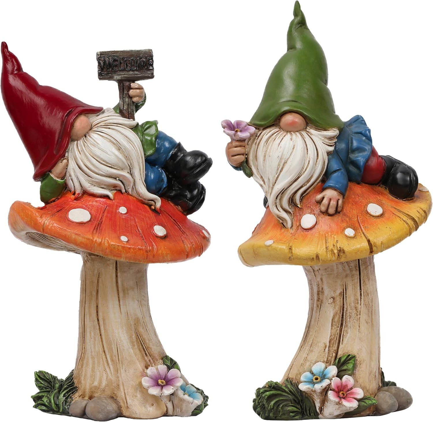 Teresas Collections Garden Gnomes on Mushroom Set of 2 Cute Resin Statues