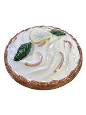 Vintage Majolica Style Lemon Meringue Pie Plate Keeper Overlapping Lid 10.75&rdquo;