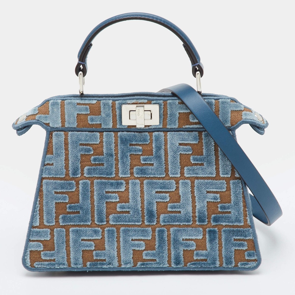 Fendi Peekaboo ISeeU Petite BlueBrown Zucca Jacquard and Leather