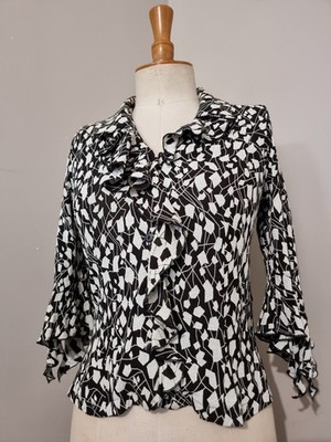 VINTAGE SCOTTAGE Y2K BLUSE SCHWARZ-WEISS BEDRUCKT RÜSCHEN JABOT