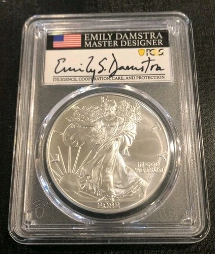 2022 SILVER EAGLE PCGS MS70 FIRST STRIKE EMILY DAMSTRA HAND SIGNED FLAG LABEL