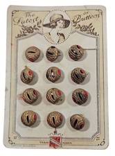 Antique Czech Glass Buttons on Card 1920s Gold Black & Red
