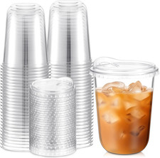 50 Pcs Round Bottom Plastic Cups with Sip Lids Clear Disposable Iced Coffee Cups