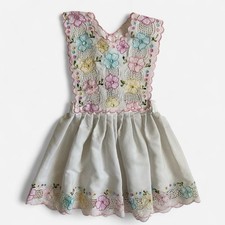 Vintage Embroidered Open Eyelet Lace Pinafore Pastel White Girls Dress