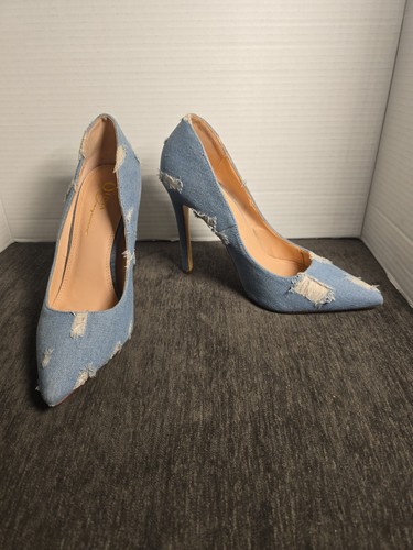 Olivia Ferguson Distressed Denim Pointed-Toe High Heel Pumps Size 7.5