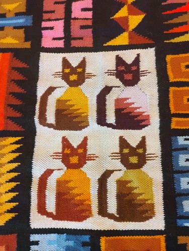 VTG Handwoven South American Cat Kittens TapestryRug/Wall Hanging Geometric - Picture 5 of 6