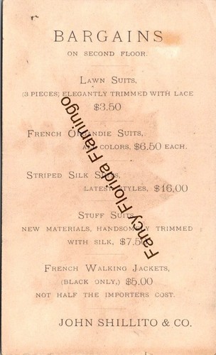 Antigua tarjeta comercial John Shillito Co. anuncio de moda victoriana floral Cincinnati - Imagen 2 de 2
