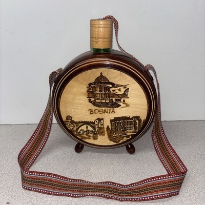 Hand Crafted Engraved Wooden Mini Flask Canteen Sarjevo, Bosnia Vintage Etched