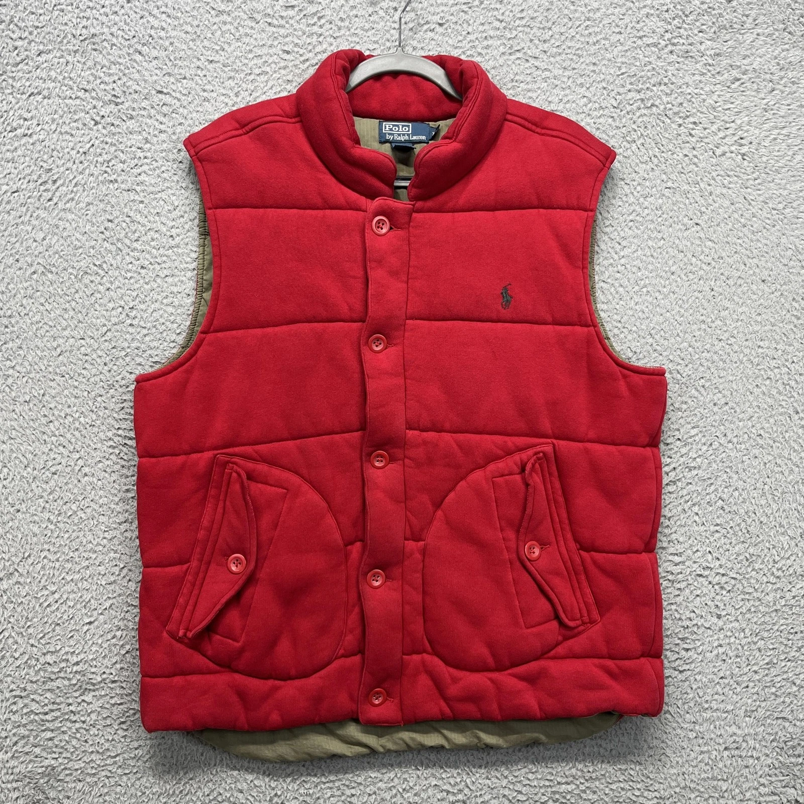 Vintage Polo Ralph Lauren Quilted Vest Mens XL Red Fleece Lined Zip Button