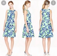 J Crew Green Floral Fit And Flare Dress Lined Pockets Zipper Closure Size 4