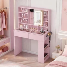 Lighted Makeup Vanity Table with Tempered Glass Top 2 Drawers & Storage Shelves