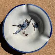 Vintage Tonala Mexico Art Pottery 4.5” Ashtray Artist Painted Bird Butterfly