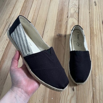 Toms Earthwise Alpargata Espadrille Black Striped Canvas Slip On Flats Women 8.5