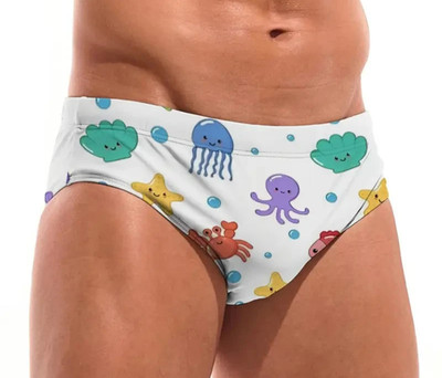 Cartoon Sea Creatures Men's Swim Briefs w/ Drawstring. Size X-Large 36''-38'' XL