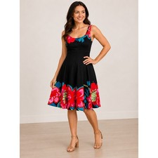 Nine West Sz 4 Women's Dress High Waist Sleeveless Fit And Flare Black & Floral