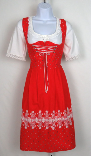 AUTHENTIC VTG STRASSER TRACHTEN RED GERMAN DIRNDL DRESS APRON SHIRT SIZE 44 LACE - Picture 17 of 24