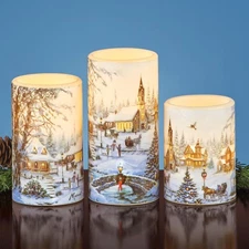 3-Piece Christmas Snowy Winter Village Flameless LED Pillar Candle Set