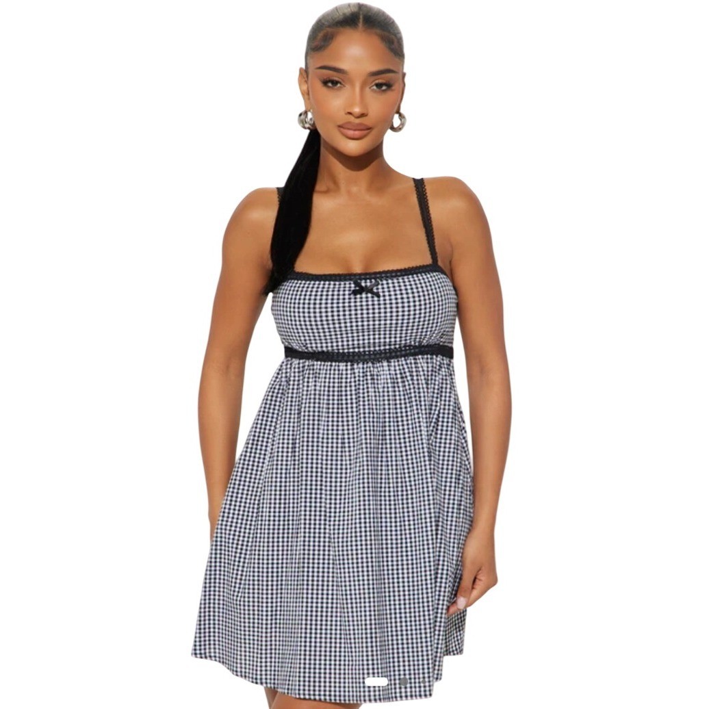 Fashion Nova Remy Gingham Micro Mini Dress Black Size S Lace Trim Bow Detail NWT
