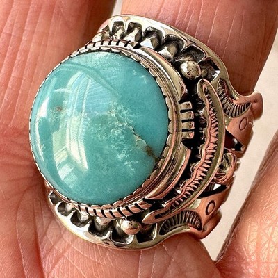 BIG Navajo Mens Turquoise Ring Sz 11 Wide Band Signed Lee Sterling Native Amer