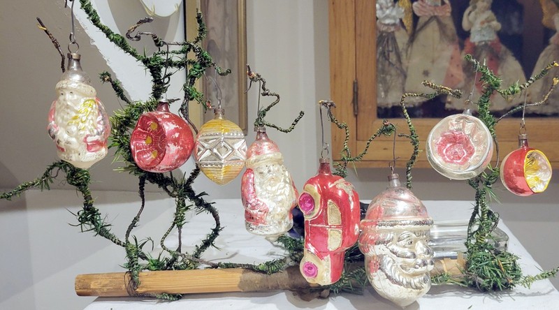 Eight 1920s German Glass Ornaments. Indents, Automobile, Indents, Santas, Geomet